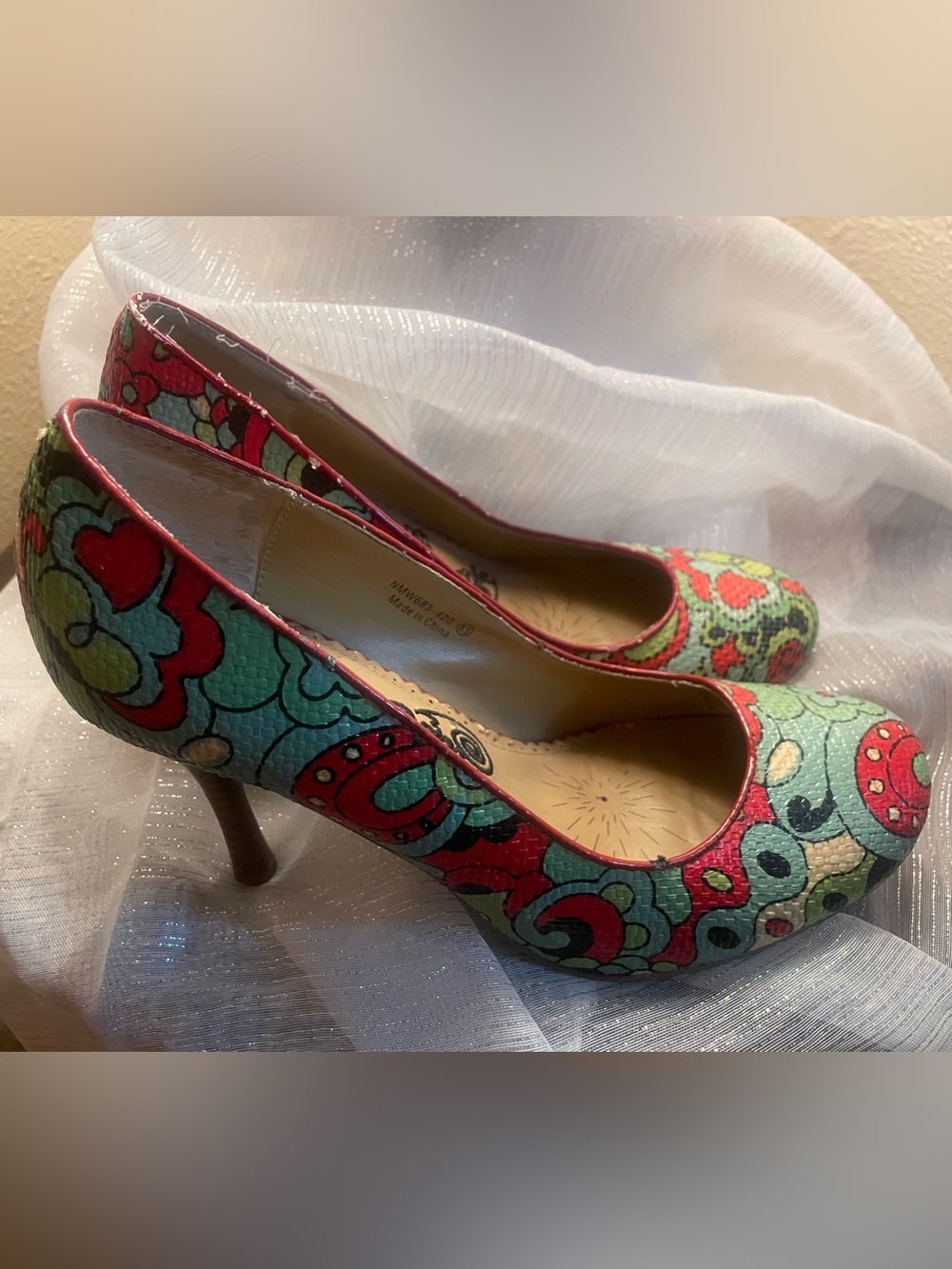 Naughty Monkey Women’s Colorful Floral Pattern High Heels - Red & Teal